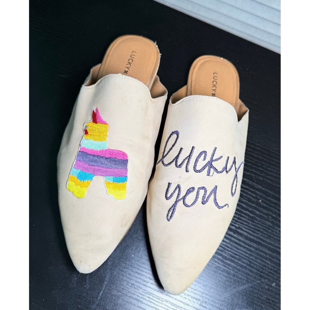 Lucky Brand Leather Mule Flats “Lucky You” Piñata Embroidered Pointed Toe Size 8